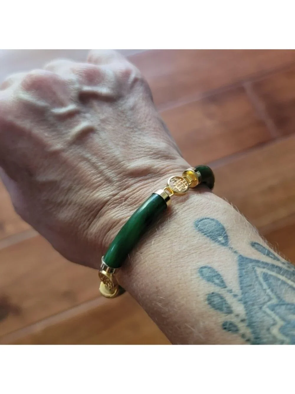Vintage Chinoiserie Jade and Gold Tone Link Bracelet 8